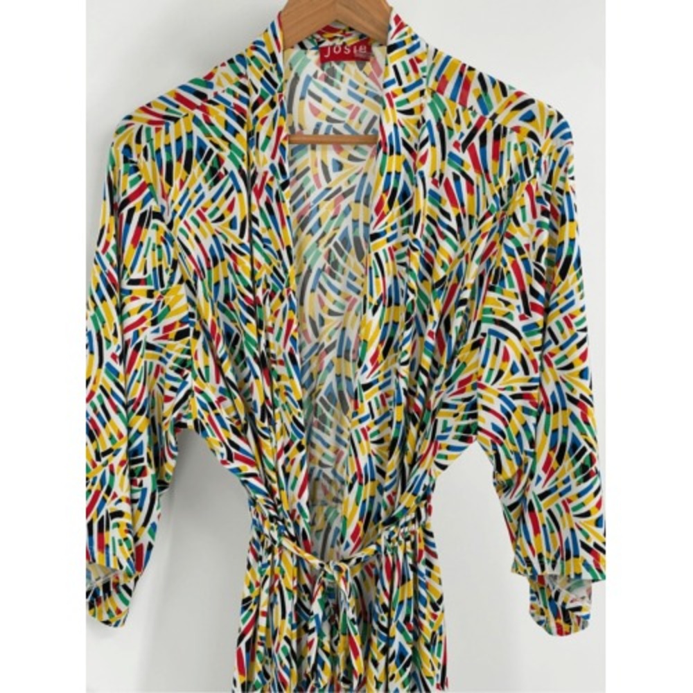 Josie Natori Robe Kimono Women's Size XL White Red Black Green Yellow Geometric
